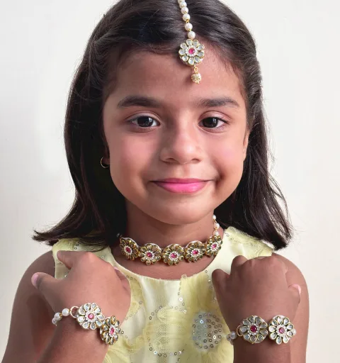 Kids Mrigya Kundan Floral Choker, Bracelets & Maang Teeka Set