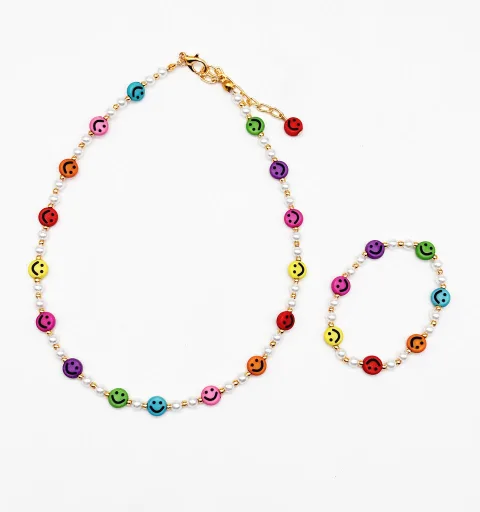 Smiley Beads Necklace & Bracelet Set- Multicoloured