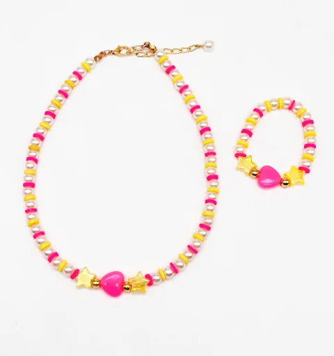 Heart & Pearls Necklace & Bracelet Set- Pink, Yellow