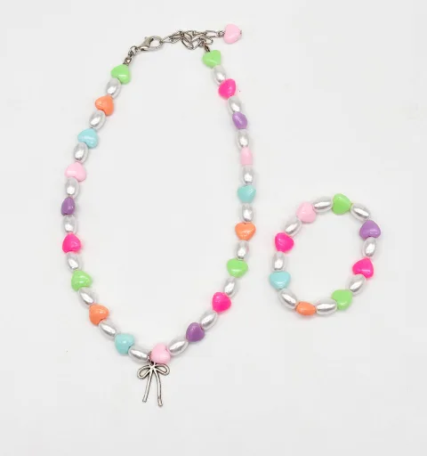 Bow Pendant, Heart Beads Necklace & Bracelet Set- Multicoloured