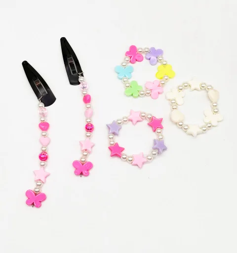 Butterfly & Stars Beaded Dangling Clips & 3 Bracelets Set- Multicoloured