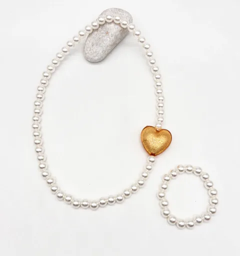 Gold Heart Bead Pearl Necklace & Bracelet Set- White, Gold