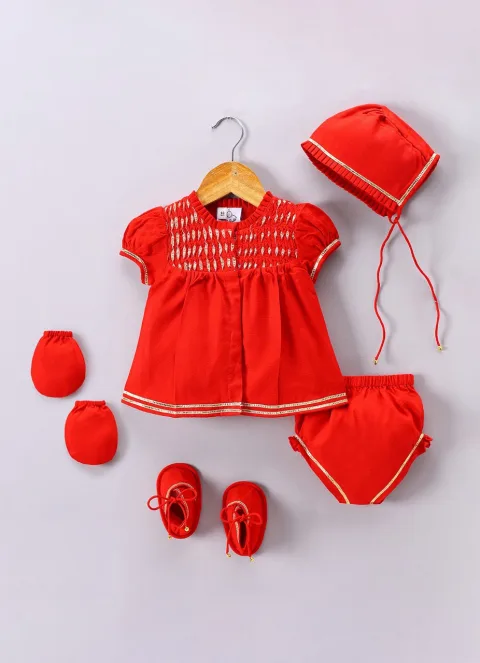 Jamana Girl Red Flocking With Gota With Pant Set