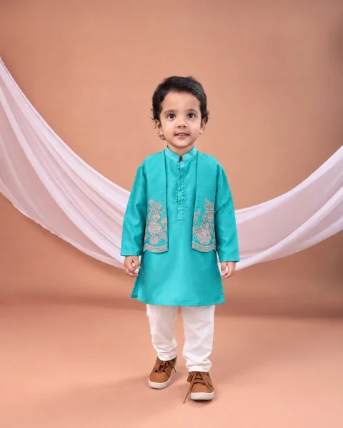 Peacock Green Kurta With Embroidered Open Jacket With Hand With Bottom Set
