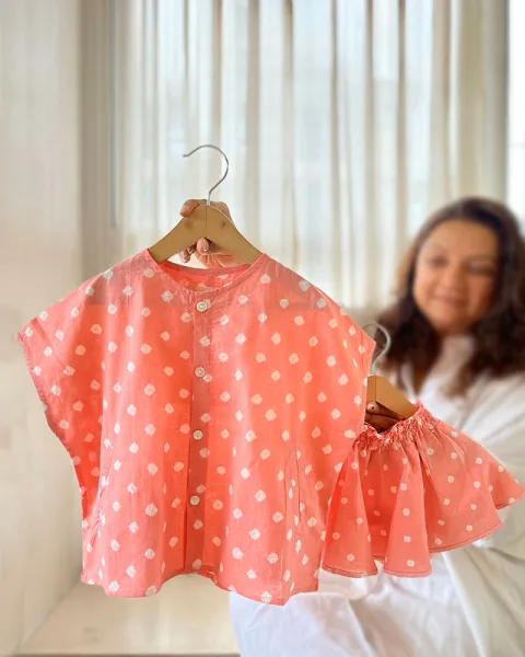‘Shared secrets’ kimono cotton shirt and twirl skirt coord set in blush peach bandhani