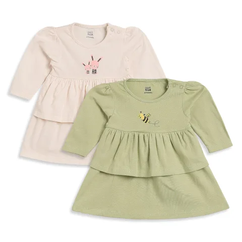 Baby Girls Cream Sage Cotton Dress Pack of 2 Regular Fit Casual Wear