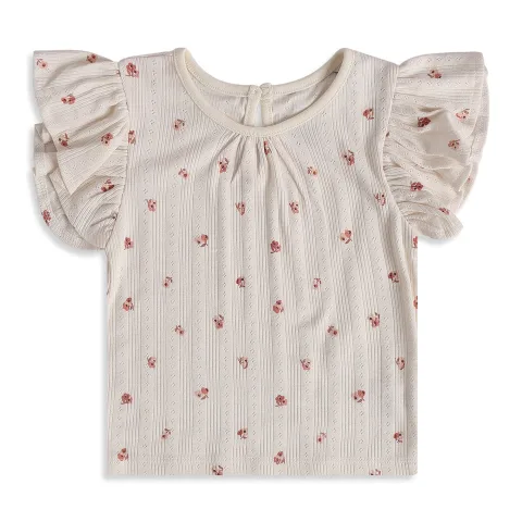 Baby Girls Cream Cotton Floral Print Textured Top Regular Fit Casual Wear
