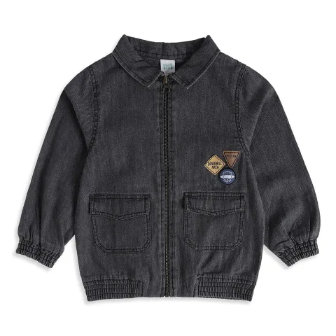 Boys Black Cotton Denim Jacket Regular Fit Casual Wear