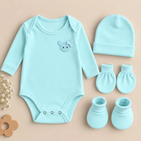 Organic Cotton Baby Full Sleeve Onesie with Cap, Mitten & Booties Set