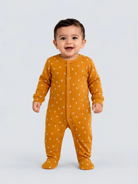 Mustard Leaf Print Baby Romper