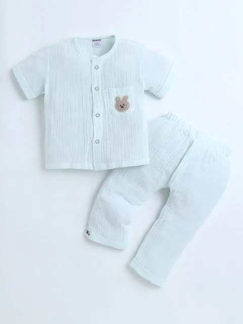 Polka Tots Crinkled Muslin Cotton Bear Pocket Patch Jhabla & Pant Set - Pastel green