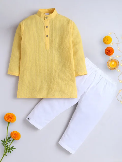 Polka Tots Kantha Work Full Sleeves Ethnic Kurta pyjama set - Yellow