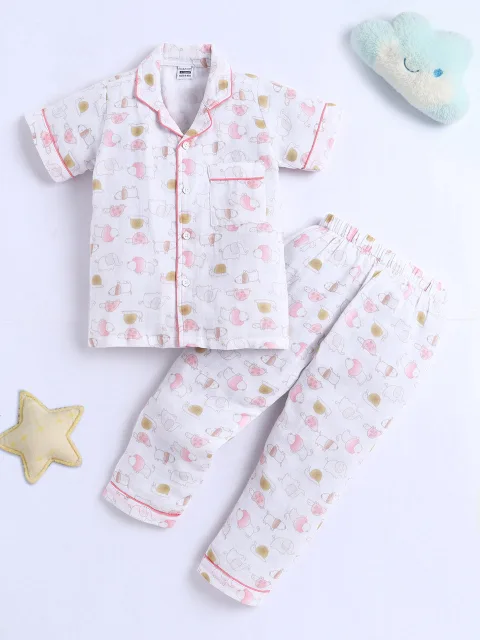 MulMul Sparsh Half Sleeve Animal Print Muslin Cotton Night Suit – White