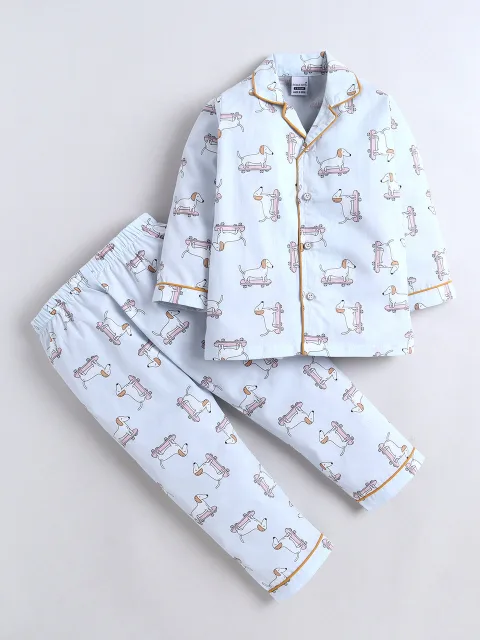 Polka Tots Full sleeve Dog Print Night suit - Blue