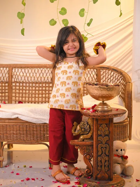 Jhilmil Collection: Mustard & Yellow Elephant Tales Top & Bottom Set