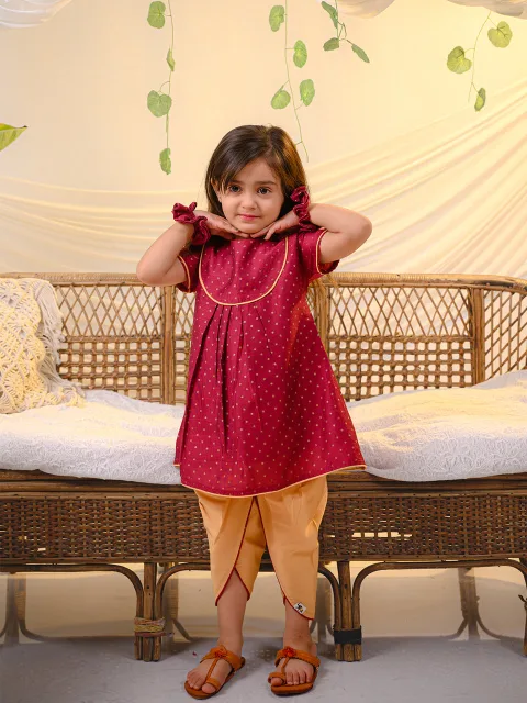Saanjh Collection: Girls’ Golden Foil Print Kurta Dhoti Set – Dark Pink