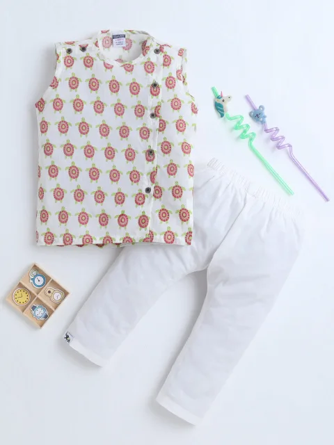 Polka Tots Turtle print Sleeveless Jhabla and Pant Set - Multicolor