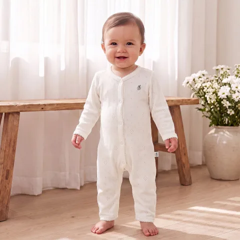 Mushmellow Off White Pointelle Front Open Sleepsuit - Solid