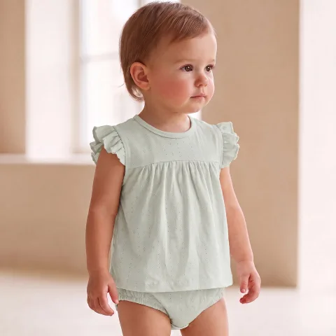 Mushmellow Sage Green Pointelle Frill Onesie Frock
