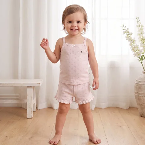 Mushmellow Peach Dust Pointelle Spaghetti Top With Frill Short