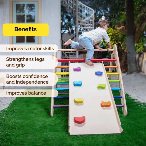Wooden Rainbow Pikler Triangle With Slide/Climber/Play Gym For Babies (6+ Months)