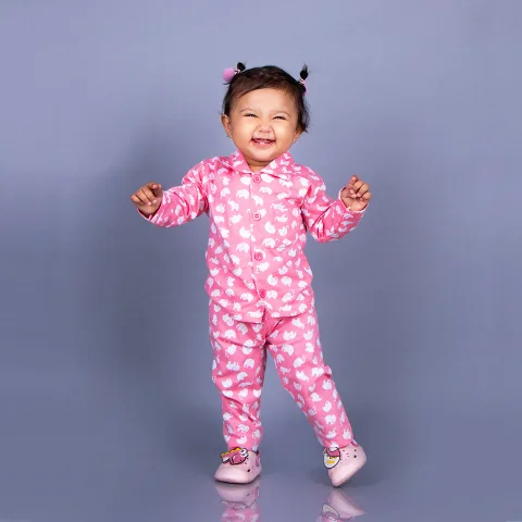 Full Sleeves Baby Elephant Printed Pajamas / Night Suit for Baby/Kids - Pink