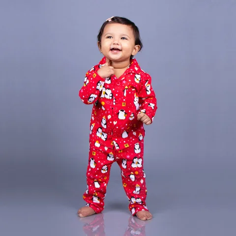 Full Sleeves Baby Pajamas with Penguin Print – Dark Red