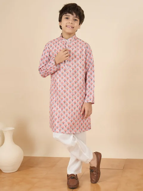 Boys Full Length Embroidery Kurta Set - Peach