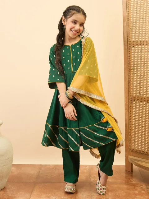 Girls Below Knee Embroidery Kurti Set - Green