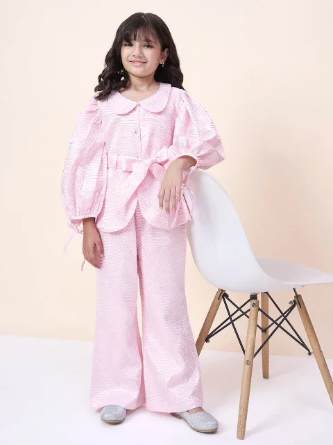 Girls Hip Length Solid Top With Pants - Pink