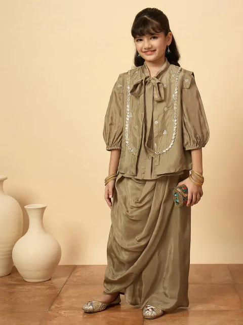 Girls Embroidery Top with Saree - Grey