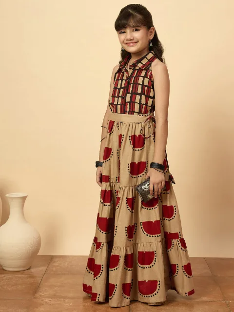 Girls Hip Length All over Print Lehenga Choli - Red