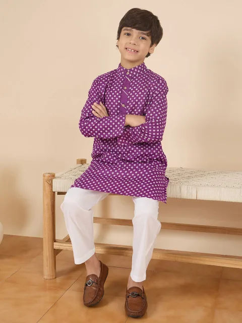 Boys Full Length All over Print Kurta Set - Purple