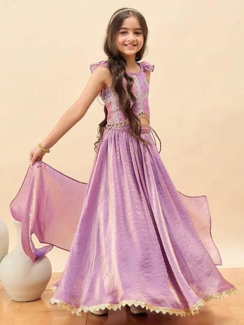Girls Waist Length Embroidery Lehenga Choli - Purple