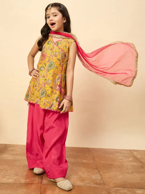 Girls Above Knee All over Print Kurti Set - Yellow