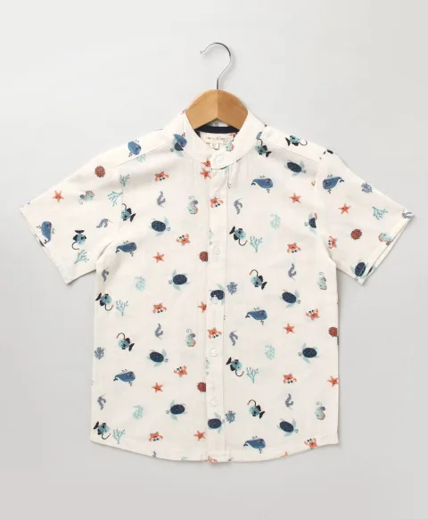 Sea Animals Print Cotton Slub Shirt - White