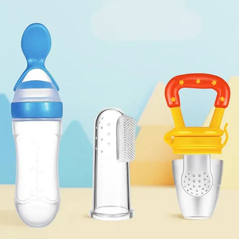 Perfect Baby Feeding Trio - Silicone Finger Brush , Baby Fruit Feeder , Squeezy Spoon Bottle