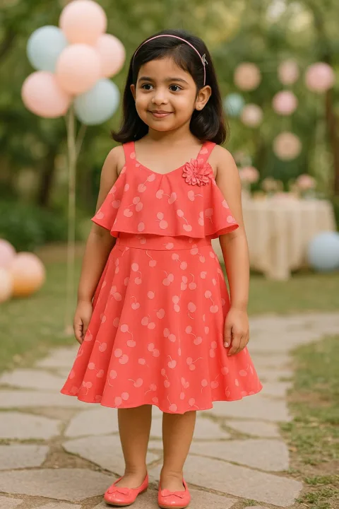 Baby Girl's Cherry Print Casual Summer Frock-(csl338pch)