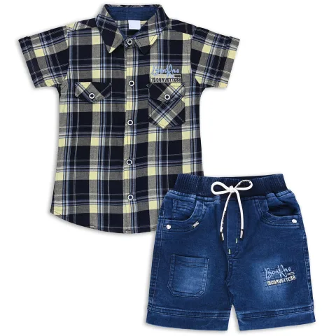 Boys Classic Checkered Print Cotton Shirt and Denim Shorts Set